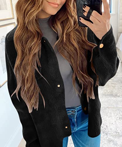 Zesica Womens Winter Fuzzy Fleece Jackets Warm Long Sleeve Button Shacket Coat Outwear With Pockets,Black,Small #TOP3