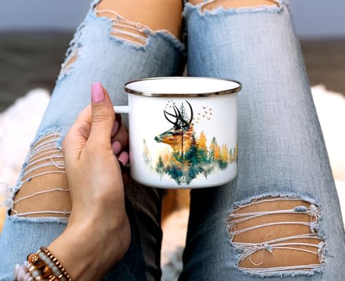 Taza de camping Loftipop Nature Buck esmaltada blanca 16 oz miniatura 3