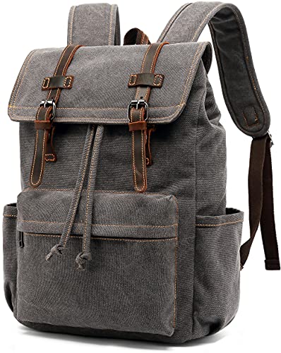 Vintage Canvas Backpack, HuaChen Mens Travel Leather Rucksack for Laptop Hiking School Bookbag (M83_Grey)