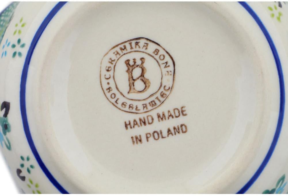 Polmedia Polish Pottery Bouillon Cup with Saucer UNIKAT - Mellow Meadow Pattern Handmade in Boleslawiec Poland by Ceramika Bona + Certificate of Authenticity