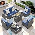 VONZOY 7 Piece Patio Furniture Set with Fire Pit Table, Outdoor Conversation Sets Wicker Rattan Sectional Sofa with Coffee Table, 4'' Thickened Cushion Navy Blue (Include Waterproof Cover)