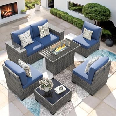 VONZOY 7 Piece Patio Furniture Set with Fire Pit Table, Outdoor Conversation Sets Wicker Rattan Sectional Sofa with Coffee Table, 4'' Thickened Cushion Navy Blue (Include Waterproof Cover)
