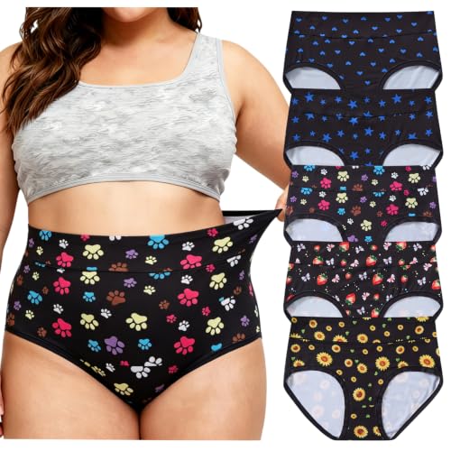 Image of Women's Plus Size XL-5XL Underwear High Waist Briefs Panties Rose Floral Print Ladies Undies 5-Pack