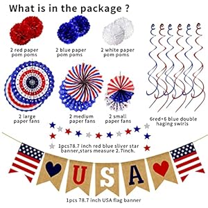 26Pcs Patriotic Decorations - Red, White & Blue USA Flag Party Pack for Fourth of July, Includes Paper Fans, Pom Poms, Hanging Swirls, Banner & Star Streamer 26Pcs Patriotic Decorations Red White Blue USA Flag Party Pack for Fourth of July Includes Paper Fans Pom Poms Hanging Swirls Banner Star Streamer