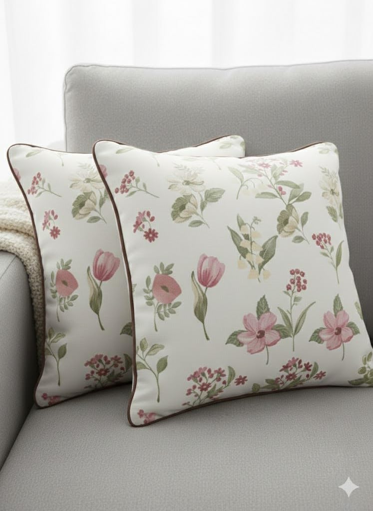 CASA-NEST Pack of 2 Floral Print Cushion Covers, 16" x 16" – Modern Aesthetic Square Throw Pillow Covers for Couch & Bedroom – Soft Fabric with Corded Edges-Pink-image-44