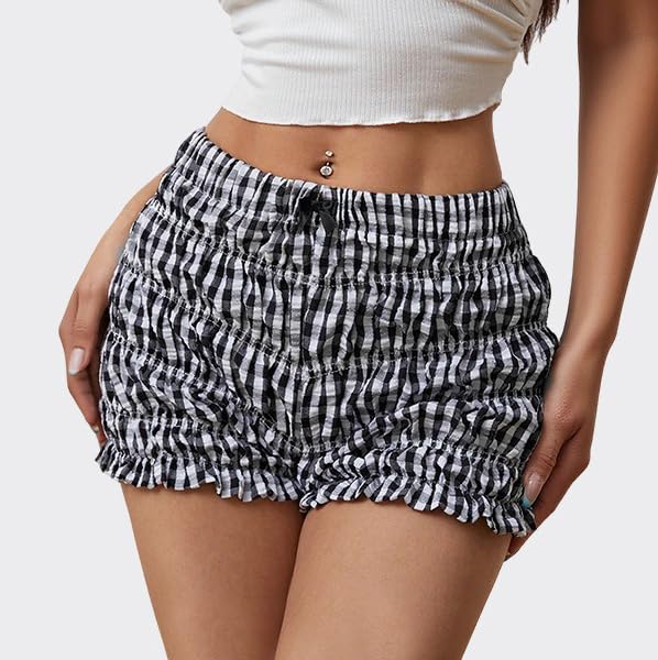Image of Cute Bloomers Shorts for Women Y2k Ruffle Gingham Bottoms Low Rise Lounge Boy Shorts Plaid Mini Pj Boxers