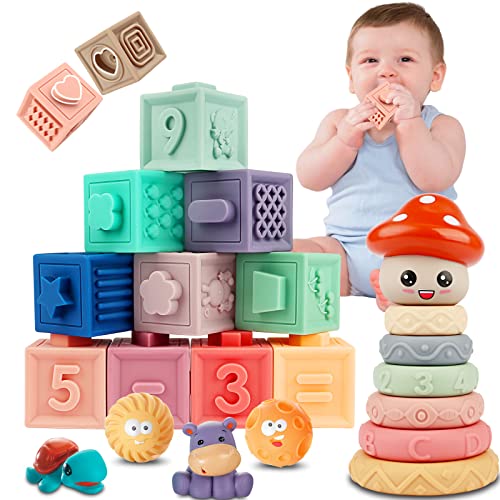 Image of Uiopy Baby Toys 6 to 12 Months, 3 in 1 Montessori Toys for Babies 0-3-6-12 Months, Baby Teething Toys, Sensory Developmental Educational Toys for Toddler, Stacking Building Blocks for Infants