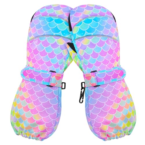 Kids Winter Mittens Waterproof Snow Ski Gloves for Girls, Warm Sherpa Lined Long Cuff Snowboard Gloves