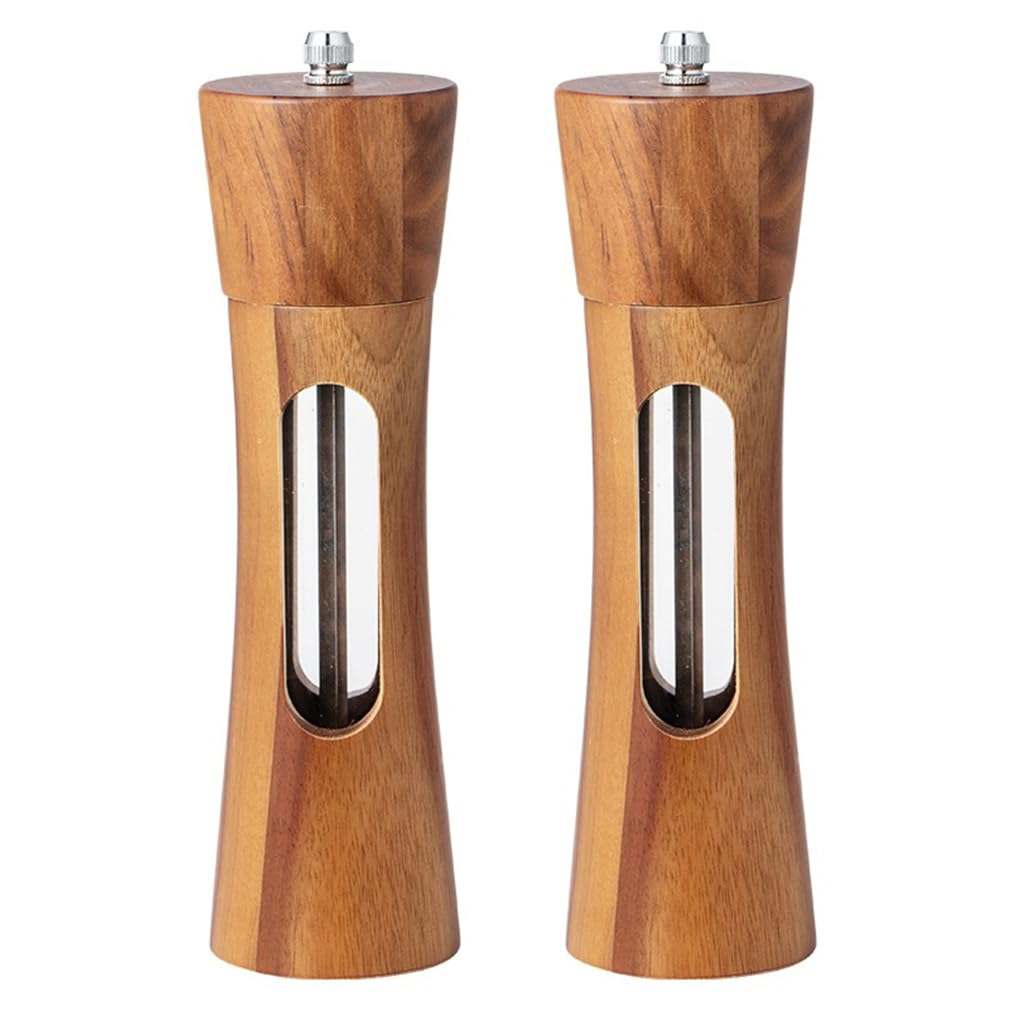 2 Pack Salt and Pepper Mill Set, Wooden Pepper Grinders, Shakers with Ceramic Core, Manual Spice Grinder Mill Adjustable Ceramic Grinders, Salt and Pepper Shakers