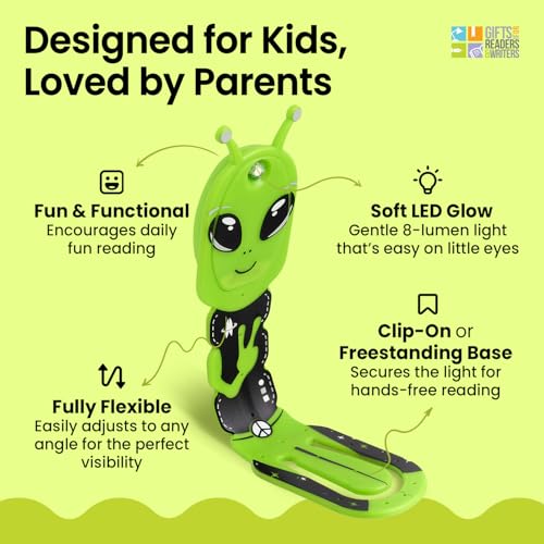 Image of Gifts for Readers & Writers Bookmark Reading Light Alien Green - 2in1 Clip On Bookmark Kids Book Light for Reading Night in Bed, Travel Cute Book Lights, Flexible 8 Lumen LED Lights for Books