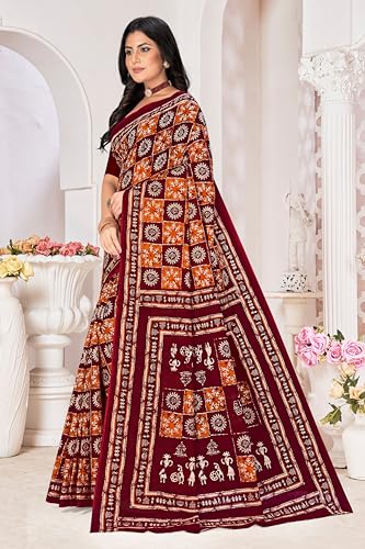 Tamaira Fashion Women's Warli Batik Printed Pure Cotton Mulmul Saree Without Blouse Piece(2486_Mustard&Maroon)