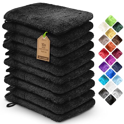 NatureMark Pack de 10 Guantes de Baño de Rizo 100% algodón – Suaves y Resistentes, Ideales para el Cuidado Diario y para Invitados – Negro, 15x21 cm