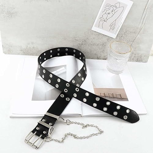 Leadigol Double Grommet Leather Belt with Chain, Punk Black Belt Waist Belt Long Pin Buckle Belt for Women Men Jeans(black)3