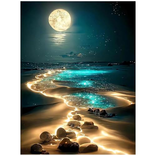 Image of HASTHIP DIY 5D Diamond Painting Art Kit Dreamy Beach Moonlit Night Diamond Painting Beginner DIY 5D Diamond Painting for Home Decor, No Frame Wall Decor 5D Diamond Painting, 12 x 16 Inch