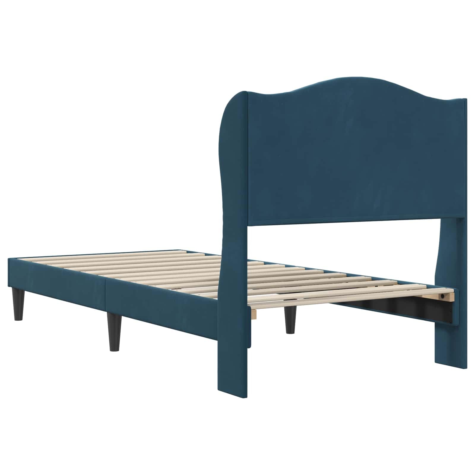 Rama de cama con cabecero azul 100 x 200 cm terciopelo moderno estructura somier fijo patas cónicas soporte 140 kg dormitorio elegante