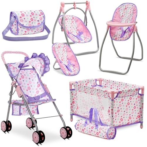 Baby Doll Stroller Bed and Swing Nursery Playset, Baby Doll Accessories Furniture Set Convertible High Chair Diaper Bag Role Play Deluxe Purple Doll Set