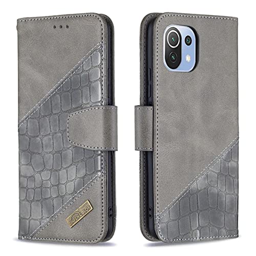 MOONCASE Wallet Case for Xiaomi Mi 11 Lite, Crocodile Skin Pattern Luxury PU Leather Magnetic Clasp Flip Cover with Card Holder and Stand Shockproof Case for Xiaomi Mi 11 Lite 6.55" (Grey)