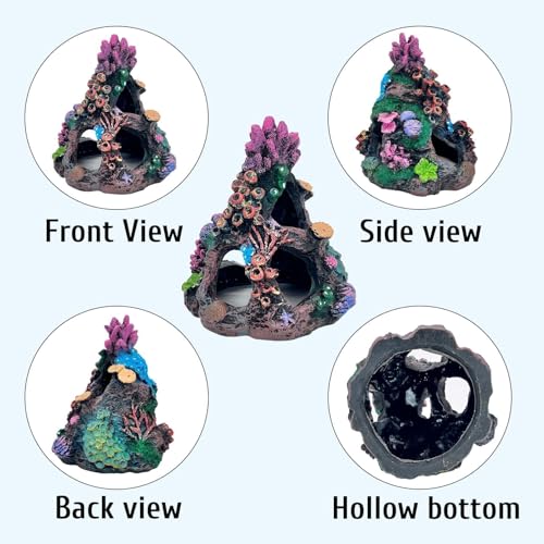 Image of PINVNBY Coral Aquarium Decorations (Size: 6.3 x 4.7 x 4.7 inches) Small Fish Tank Decorations Hideout Resin Rock Mountain Cave Ornaments Betta Hideout House for Beta Sleep Rest Hide Play Breed