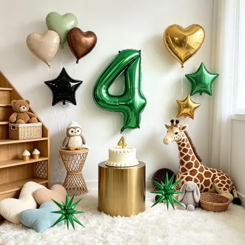 Image of TONIFUL 4th Birthday Balloons 40 Inch Green Large Number 4 Foil Balloon 18 Inch Helium Mylar Heart Star Shaped Ballons for Boys Men Birthday Anniversary Graduation New Year Eve Party Decoration