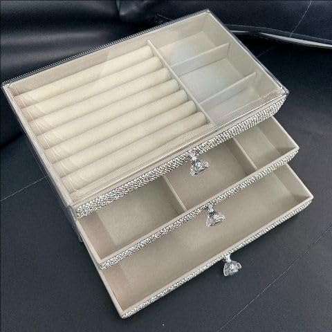 Rhinestone Three Layer Velvet Jewelry Storage Box Transparent Earring Jewelry Organizer Ring Display Jewelry Box Dust Proof Case Gift for Sister's mom teacher