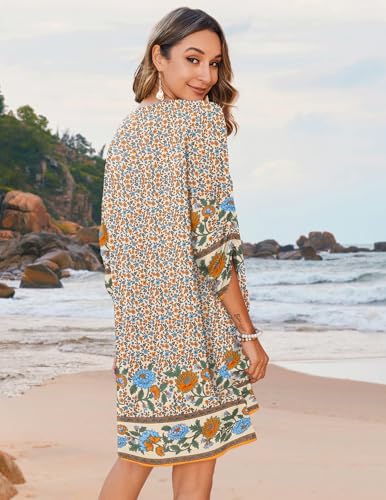 Image of Zeagoo Womens Boho Dresses Casual Beach Summer Dress Tassel Tie Neck 3 /4 Long Sleeve Mini Sundress 2025 Floral Print Cover Up