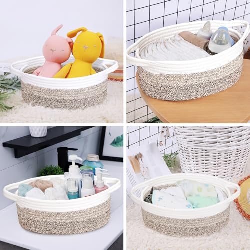 Image of ABenkle Small Basket with Handles, Boho Decorative Rope Woven Dog Cat Toy Storage Bin Shelf Storage Organizer, Easter Christmas Gift Basket, 12 inchx8 inchx5 inch
