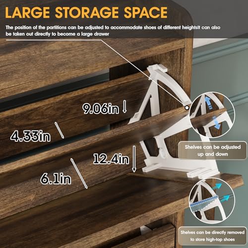 Image of Maupvit Shoe Storage Cabinet with 3 Flip Drawers, Freestanding Organizer with Metal Legs for Entryway, Narrow Shoe Rack Cabinet, Rustic Brown