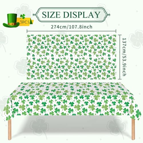 Image of Gistome 3-Piece 54 x 108 Inch St. Patrick's Day Shamrock Plastic Tablecloth - Green Lucky Clover Design Table Cloth, Disposable Rectangle Table Cover for St. Paddy's Day, Irish and Spring Decorations