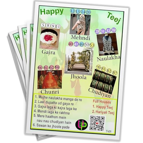 Image of Teej Theme Tambola Tickets - Set of 15 Tickets, Happy Teej Edition, Vibrant Hariyali Teej Kukuba Housie Bingo Cards, Board Game Set with Illustrations (English)