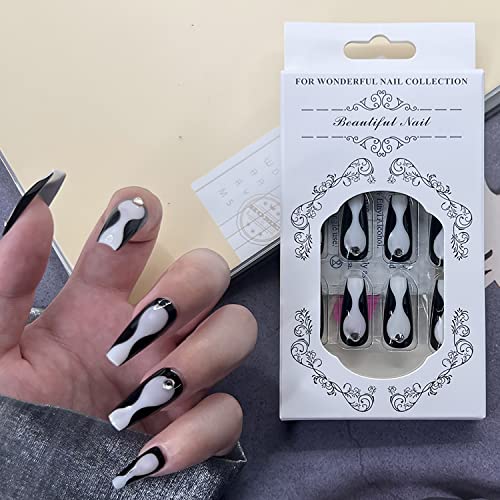 24 Pcs Rhinestone Press On Nails Extra Long Fake Nails Black False Nails French Nail Tips Coffin Shape Ballet Stick On Nails For Women And Girl Diy Manicure Nail Art #TOP1