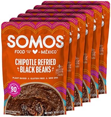 SOMOS Chipotle Refried Black Beans, Gluten Free, Non-GMO, Plant Based, Vegan, Microwavable Meals Ready to Eat, 10oz Chipotle Refried Bean Bag (Pack of 6)