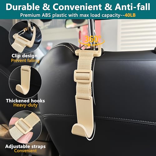 Image of Amooca 4 Pack Anti-drop Headrest Hooks Adjustable Car Seat Organizer | Universal Fit with Clip, Hanger for Backpack Umbrella Water Bottle Coat Purses Handbags Groceries, 40lb Heavy Duty, Beige