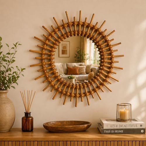 Rattan Sunburst Wall Mirror | Round Bamboo Mirror for Living Room...