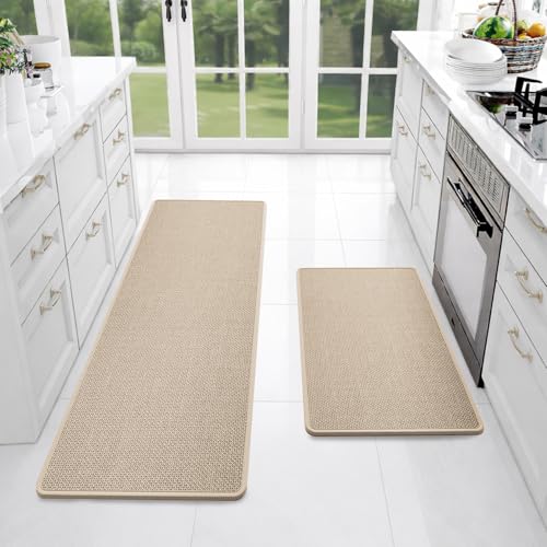 Image of SITTELLA Kitchen Mats for Floor (Set of 2) | Premium Jute Kitchen Carpet with Anti-Slip Back | Absorbent & Easy Clean | Beige | 130x50 cm & 70x50 cm