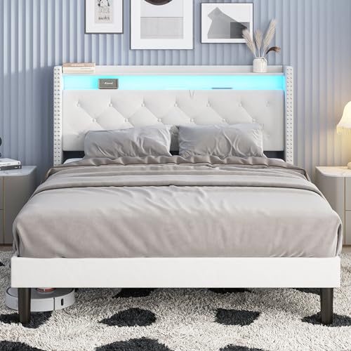 Vabches Full Size Bed Frame with LED Headboard, Velvet Upholstered Platform Bed Frame with Lights and Charging Station, Wingback Storage Headboard and Type C & USB Ports, Wood Slats, White