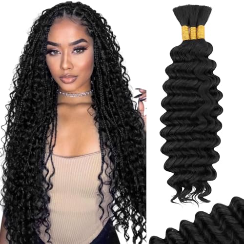 Elailite Braiding Hair for Boho Braids Bulk Human Hair Deep Wave 110g 14 Inch (3 Bundles) Curly Bohemian 3 Bundles/Pack #1B Natural Black