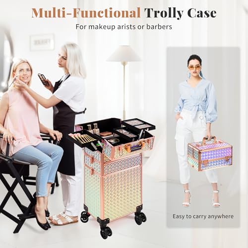 Image of 3 in 1 Rolling Makeup Train Case Professional Large Cosmetic Trolley Cosmetology Case on Wheels Traveling Cart Trunk for Hairstylist Artist Nail Beauty Salon Barber, Colorful