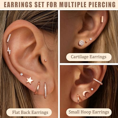 FASACCO 12Pairs Flat Back Earrings for Women Men Hypoallergenic 14K Gold Plated Stainless Steel Flatback Stud Small Huggie Hoop Earrings 20G Tiny Gold Stud Earring Sets for Multiple PIercing4