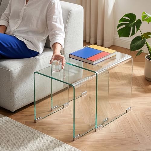 [en.casa] Tables Basses Gigognes Lot de 2 Kariengem en Verre Trempé Bout de Canapé Table de Chevet Peu Encombrant Moderne Stable Gain de Place pour Salon...