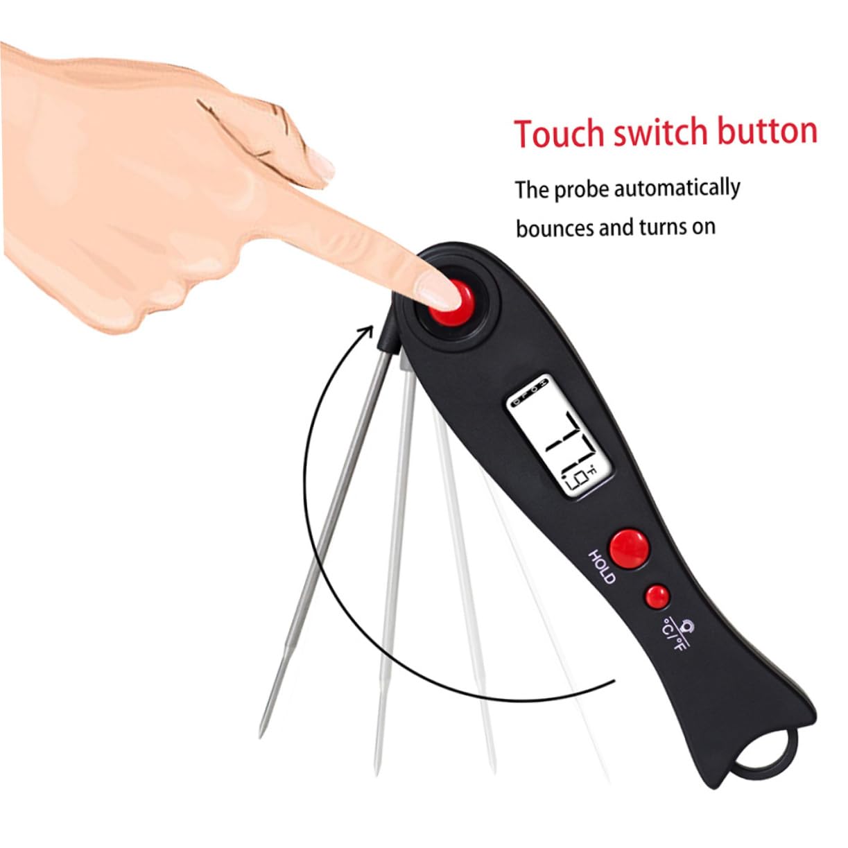 Termómetro Digital de Sonda Plegable de Lectura Instantánea Negro | Acero Inoxidable y Abs, Punta Fina, Imán Interno Vertical, 53g, para Cerdo y Cordero