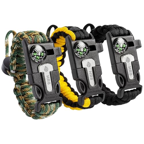 HR8 Paracord Survival Bracelet (3 Pack) &ndash; Adjustable Paracord Bracelets, Hunting Gear with Fire...