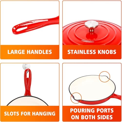 Enamel Cast Iron Dutch Oven and Saucepan Set with 7 pcs Non Stick Pans Set, 3 Small Medium Large Dutch Ovens with Lid and 1 Sauce Pan, Gas Induction Cooker Compatible Cookware - (Red) - Image 5