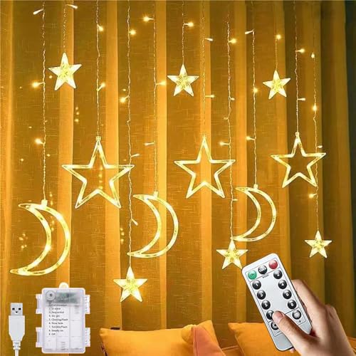 HuaMuDM Sterne Vorhang Lichter,3.5m LED Sterne Mond Vorhang Licht,8 Modi...