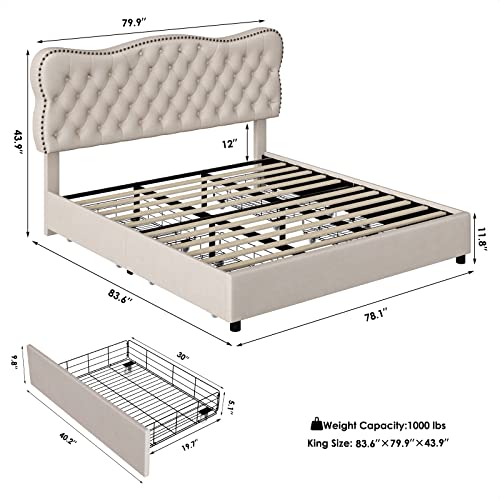 Hostack King Bed Frame With 4 Storage Drawers, Upholstered Platform Bed Frame With Button Tufted Headboard, Heavy Duty Mattress Foundation With Wooden Slats, No Box Spring Needed (Beige, King) #TOP1