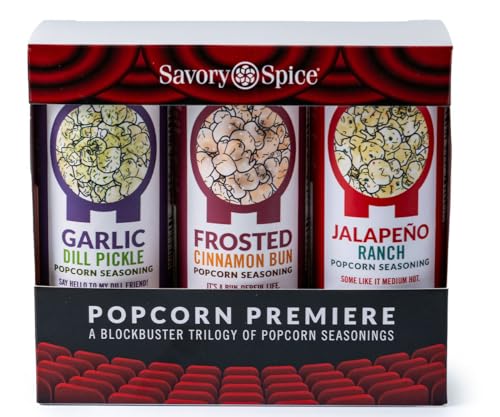 Savory Spice Popcorn Premiere Set - 3 Gourmet Popcorn Seasonings: Garlic Dill Pickle, Jalapeño Ranch & Frosted Cinnamon Bun - Movie Night Gift