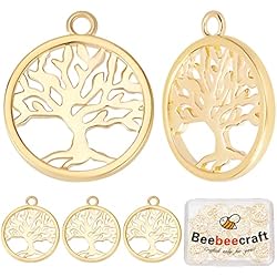 Dijes De Oro Beebeecraft 1 caja, 25 uds., Dijes de Árbol de la Vida, Dijes Colgantes de Árbol Redondo Plano Chapado En Oro de 18K para DIY Pendientes Collares Pulseras Manualidades