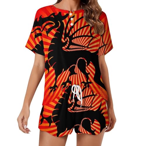 Pyjama femme Dragon Noir vêtements de nuit ete sleepwear manches courtes