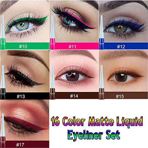 Topcent Matte Liquid Eyeliner Set, 16 Colors Neon White Black Red Brown Green Eye Liners For Women Waterproof High Pigmented Long Lasting Rainbow Eyeliner Pencil Quick Dry Eyes Makeup Kit (16Pcs) #TOP2