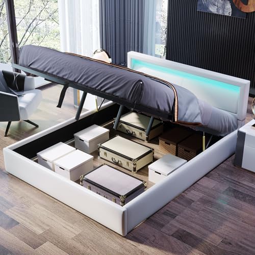 Aoskem Bett 140x200 cm Doppelbett Polsterbett, Bett mit Stauraum Underbett, LED-Kopfteil, Stauraumbett Bettgestell Bett mit Lattenrost, Flachbett Jugendbett, Ohne Matratze, PU-Kunstleder (Weiß)