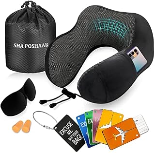 SHA POSHAAK Travel Pillow Luggage Tags - Head Support Neck Pillow Memory Foam - Camping Pillow Holiday Essentials For Men / Kids -Travel Accessories Plane Pillow / Car /For Rest (Black) (AB85)